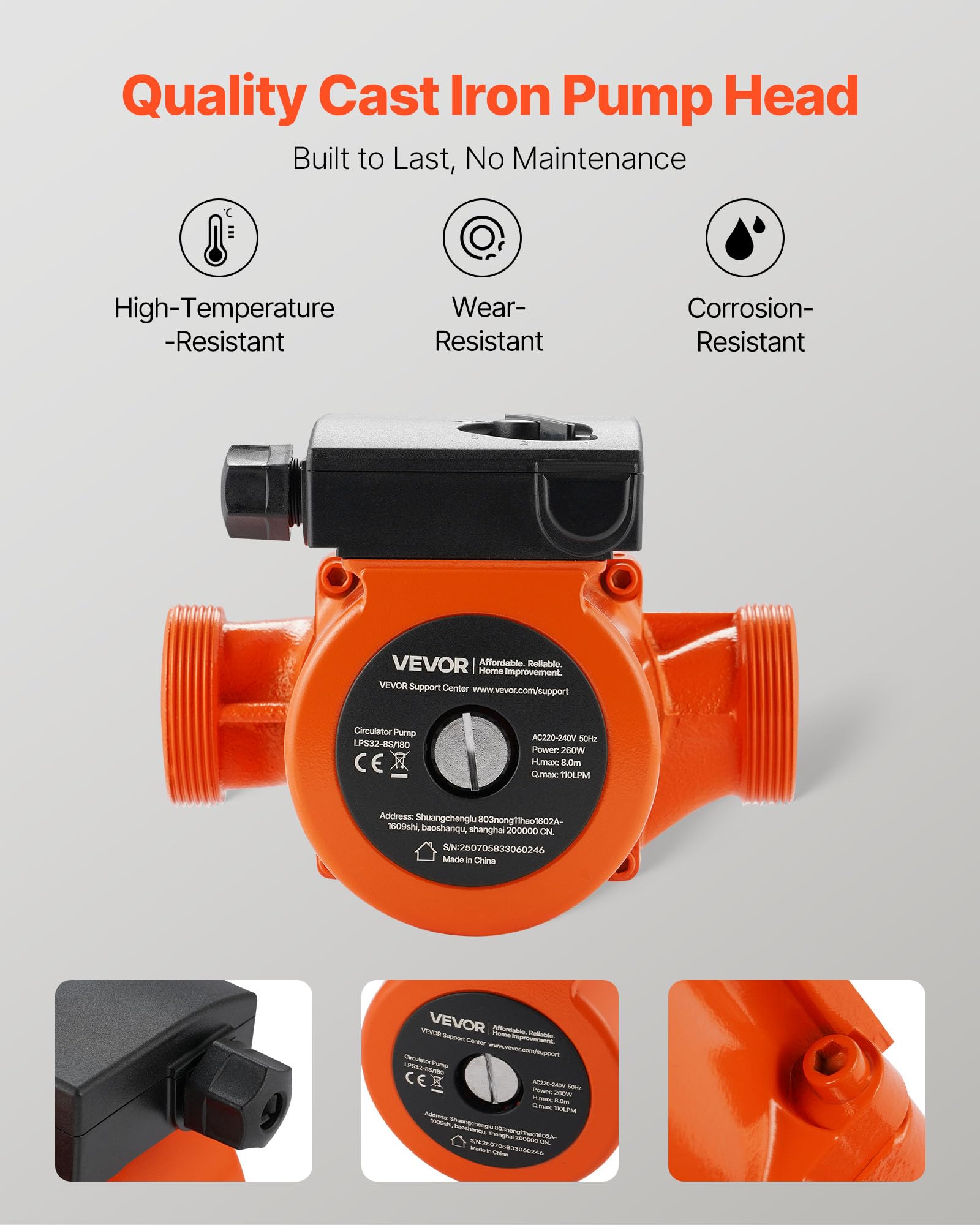 VEVOR LPS32-8S/180 Bomba de Circulación, 110 LPM, Ajuste de 3 Velocidades, Bomba de Recirculación de Agua Caliente de Hierro Fundido, Conexión Roscada, para Sistemas de Calefacción Residenciales