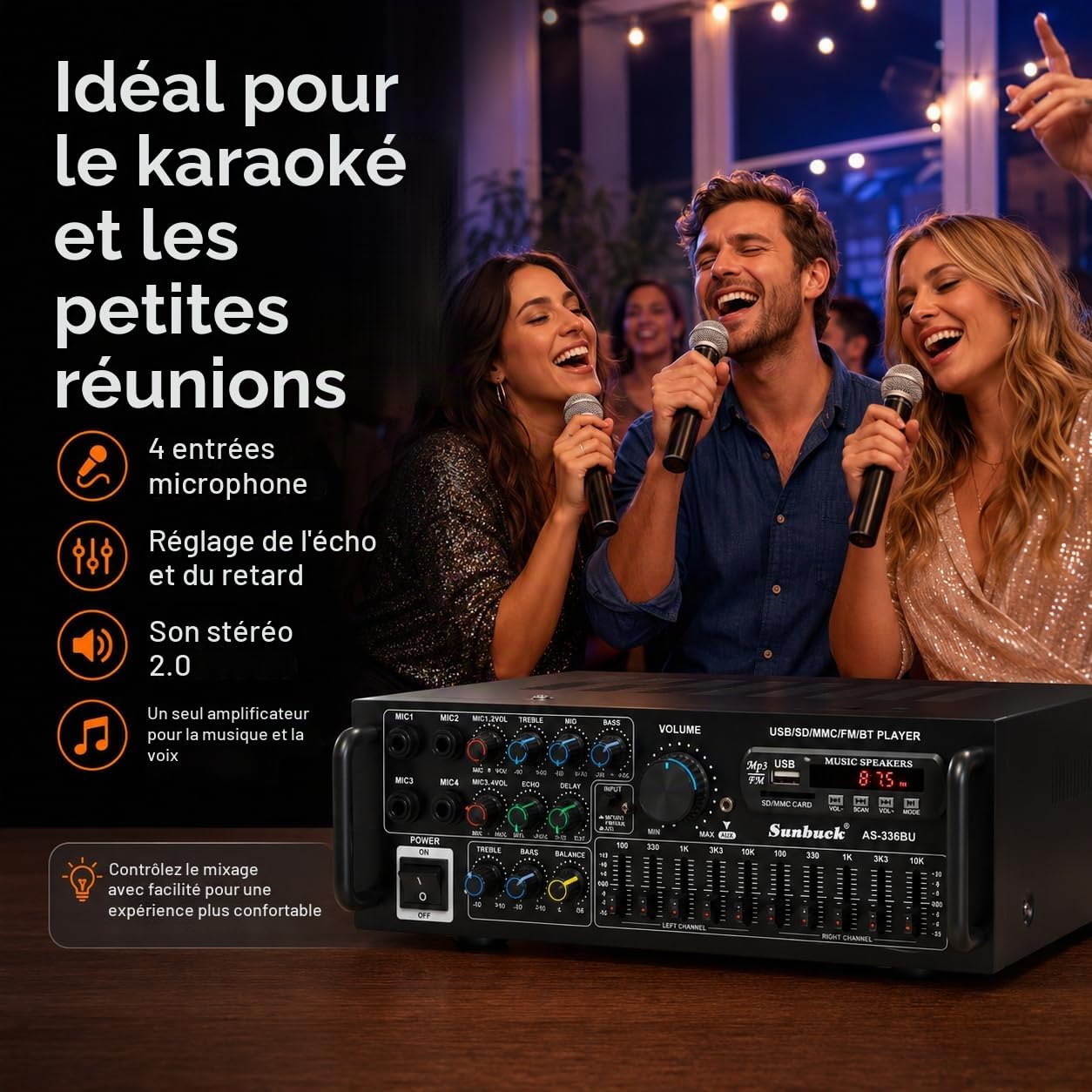 amplificateur hifi stéréo avec Bluetooth 5.0 2000 W récepteur audio karaoké FM USB SD AUX, préamplificateur mélangeur EQ 5 bandes, 4 mir, amplificateur avec boîtes, tuner