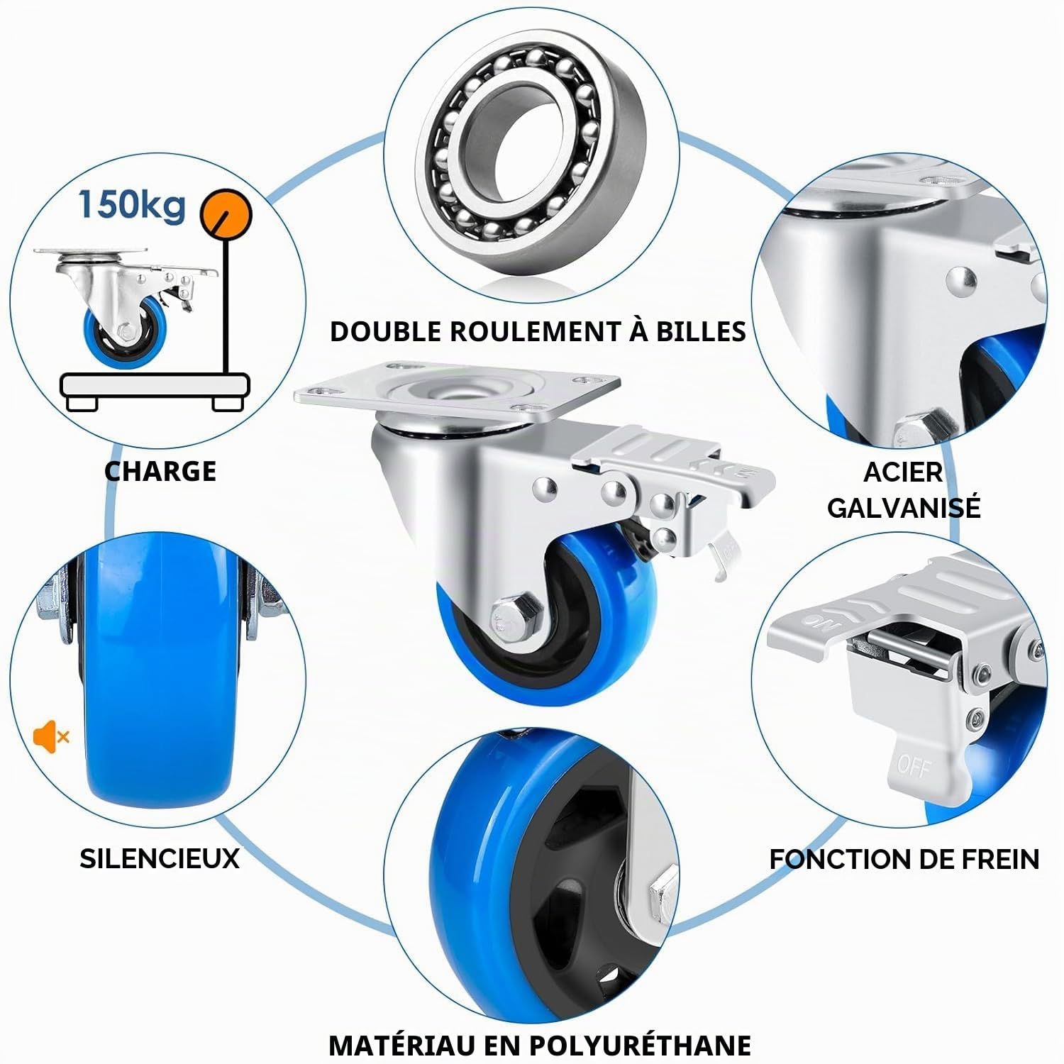 Roulettes Pivotantes 125 mm avec 4 Freins, Pack de 4 Charge Lourde 600kg