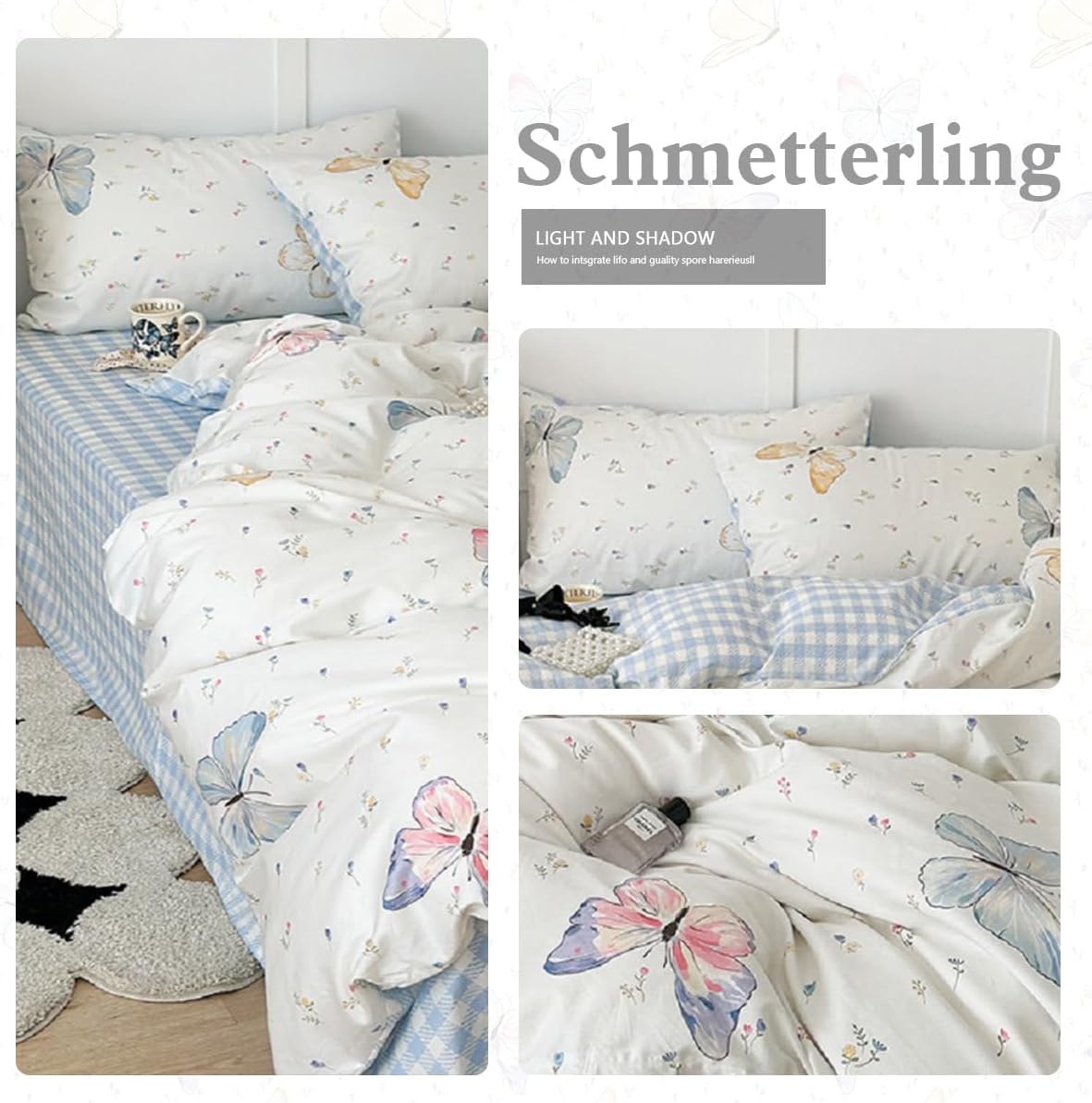Duvet Cover Set Queen Size Blue Colorful Butterfly and Gingham Pattern Reversible Bedding Set for Girls Kids,Soft Breathable Microfiber Comforter Cover with Zipper Closure and 2 Pillowcases