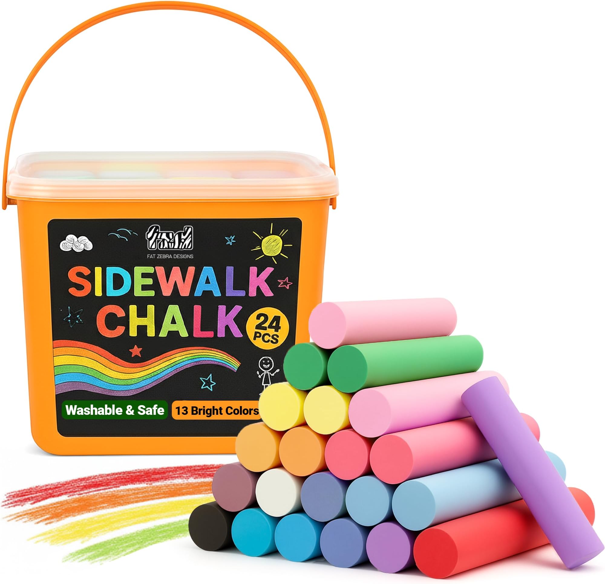 24 PCS Sidewalk Chalk for Kids - 13 Colors Bucket - Non-Toxic Washable Jumbo Chalks - Bulk Colored Set for Kids & Toddlers Outdoor Play, Chalkboard Art - Easy Carry & Mess-Free Storage