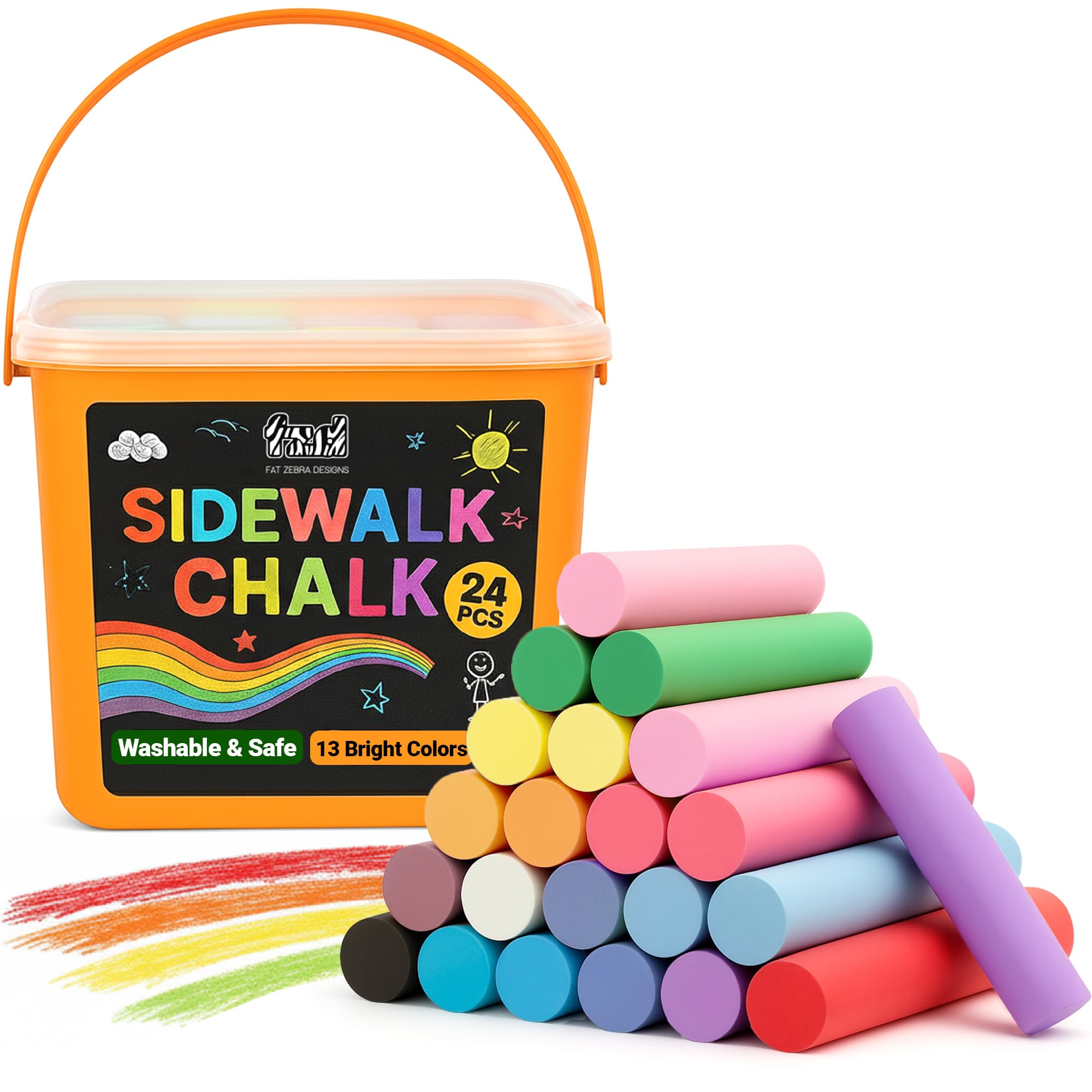 Photo 1 of 24 PCS Sidewalk Chalk for Kids - 13 Colors Bucket - Non-Toxic Washable Jumbo Chalks - Bulk Colored Set for Kids & Toddlers Outdoor Play, Chalkboard Art - Easy Carry & Mess-Free Storage