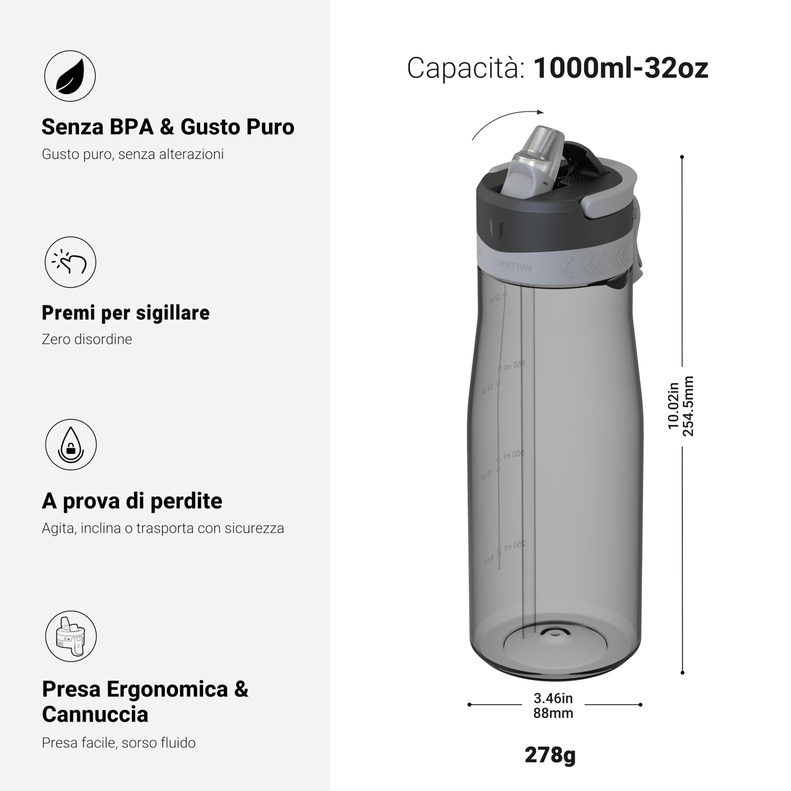 Sparrow Borraccia - 500ml, 750ml, 1L - TouchFlow Bottiglia Senza BPA - Senza Perdite Borraccia Cannuccia - Borracce Sportiva Flusso Rapido Con Un Clic per Scuola, All'aperto