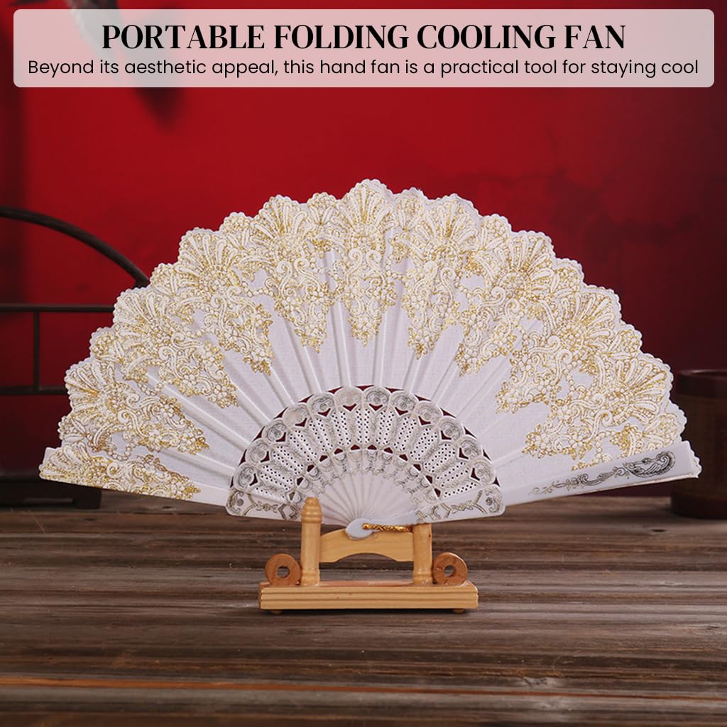 HASTHIP® Hand Fan Elegant White Fabric Hand Fan Traditional Chinese Fan with Tassel Charm Summer Fan Handheld Cooling Fan Travel Hand Fan Gift for Girls Women, 9 inches 3