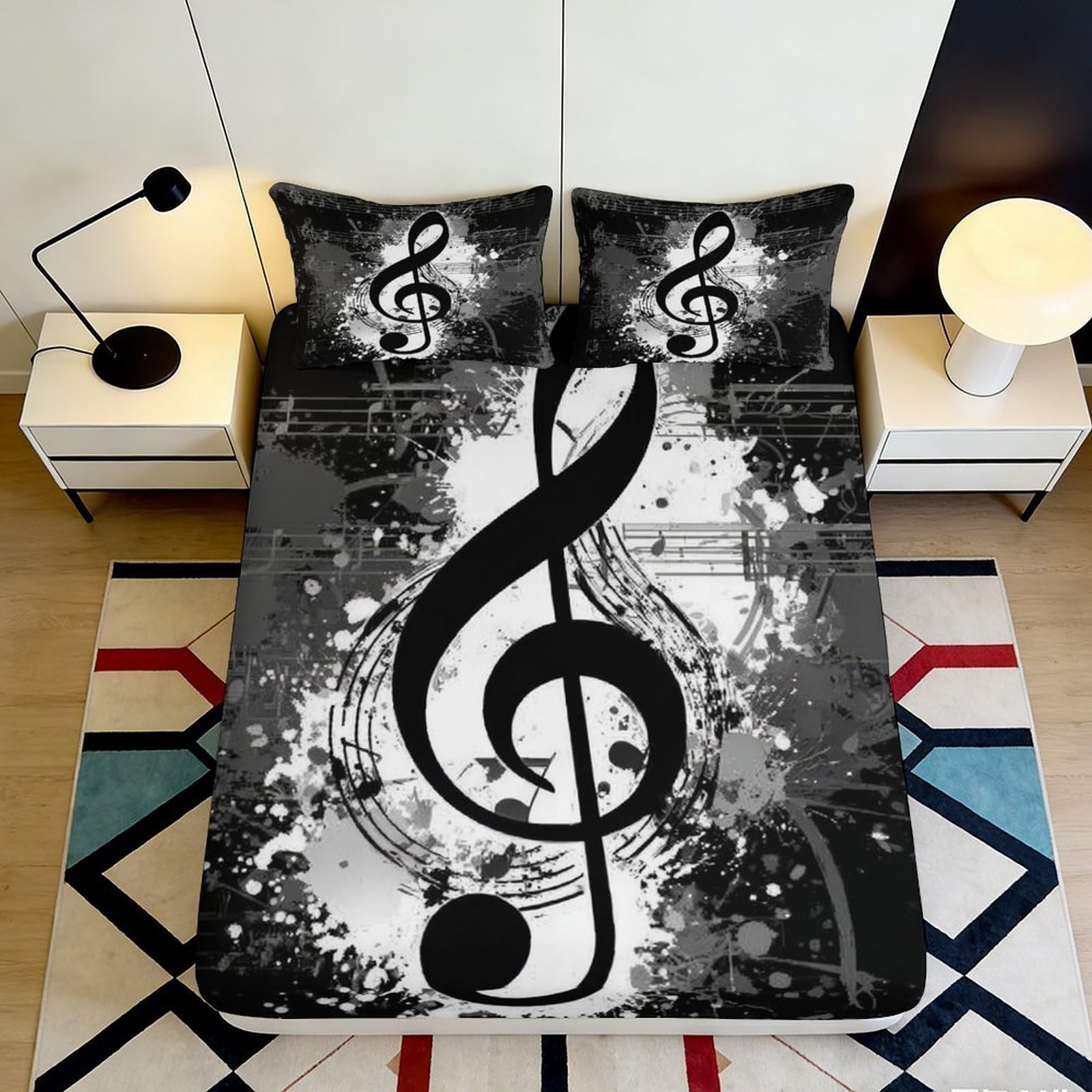 3D Printed Black White Music Note Fitted Sheet Microfiber Non-Slip Deep Pocket Music Theme Mattress Fitted Cover Full Wrap Washable Bedding for Adult 140x200x25cm