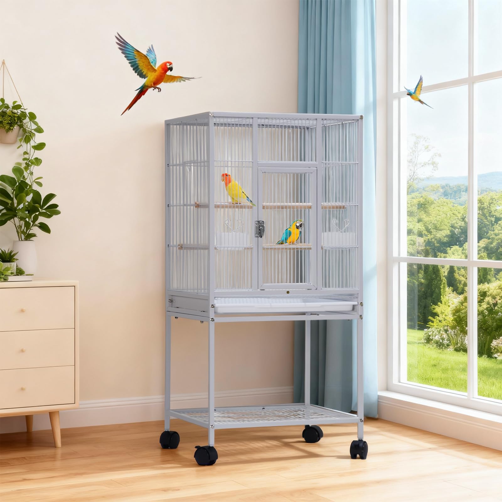 Großer Vogelkäfig 48.5 x 46 x103cm, Vogelvoliere mit 360° Rollen, Sitzstangen, Futternapf und Schmutzwanneneinsatz, Leicht zu Reinigendem Hoher Papageienkäfig Zuchtkäfig