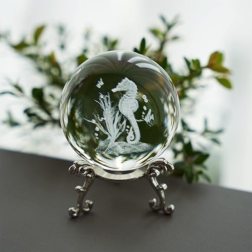 Miniatura 5 de HDCRYSTALGIFTS Bolas decorativas de cristal 3D de 2.362in (2.4 pulgadas) grabadas con láser 3D, caballito de mar, pisapapeles de cristal de esfera