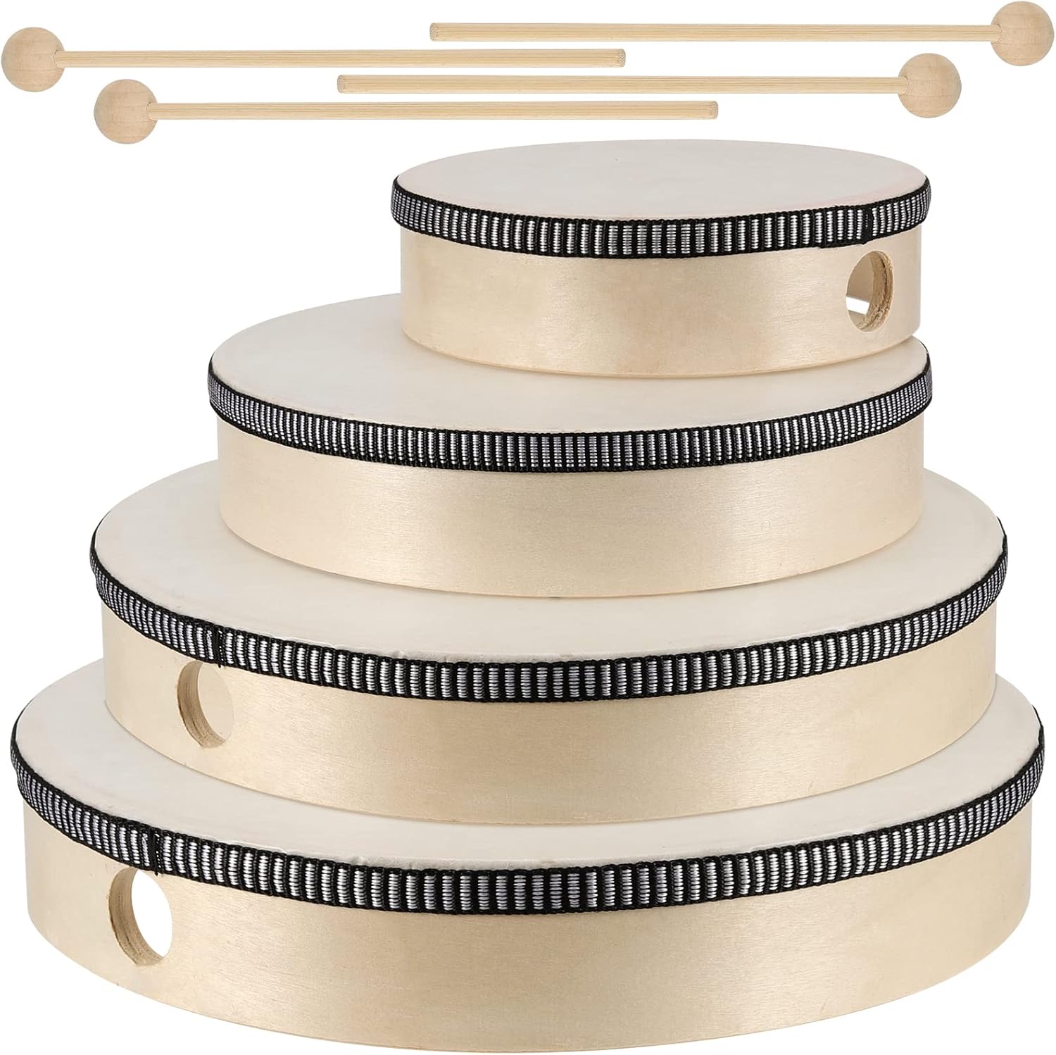 MUKLEI 4 Sizes Wooden Hand Drum Set, Wood Handheld Drum with Strikers, Frame Drum Musical Instrument Percussion Drum for Church, Party, Birthday Gift, 6 Inch/7 Inch/8 Inch/10 Inch MUKLEI 4 Sizes Wooden Hand Drum Set, Wood Handheld Drum with Strikers, Frame Drum Musical Instrument Percussion Drum for Church, Party, Birthday Gift, 6 Inch/7 Inch/8 Inch/10 Inch