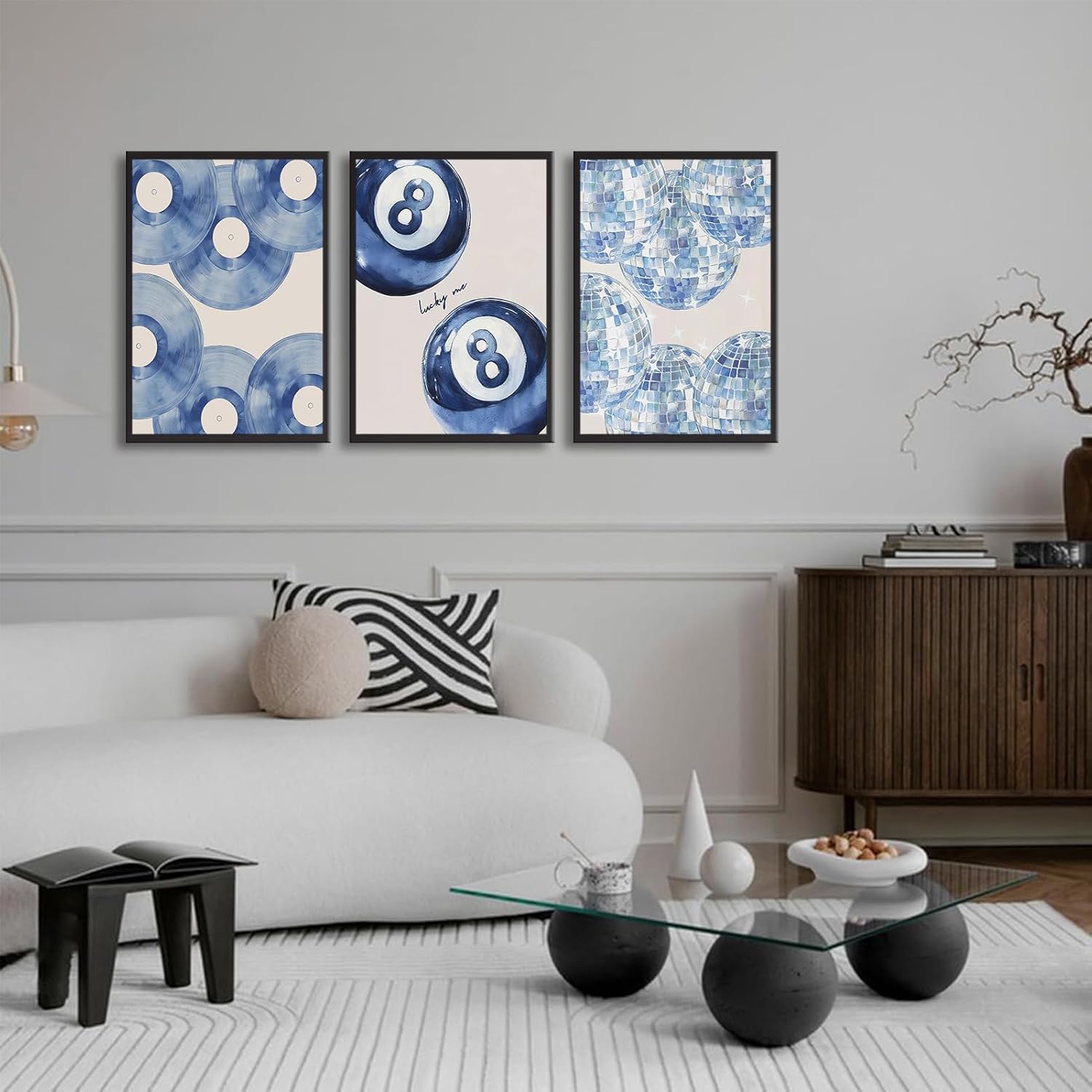 COYIKC 3Pcs Trendy Blue Lucky Me 8 Ball Wall Art Disco Ball Poster Wall Decor Pictures Blue Record Disc Painting Prints Artwork for Girls Bedroom Dormpreppy blue room Decoration,16x24in Poster