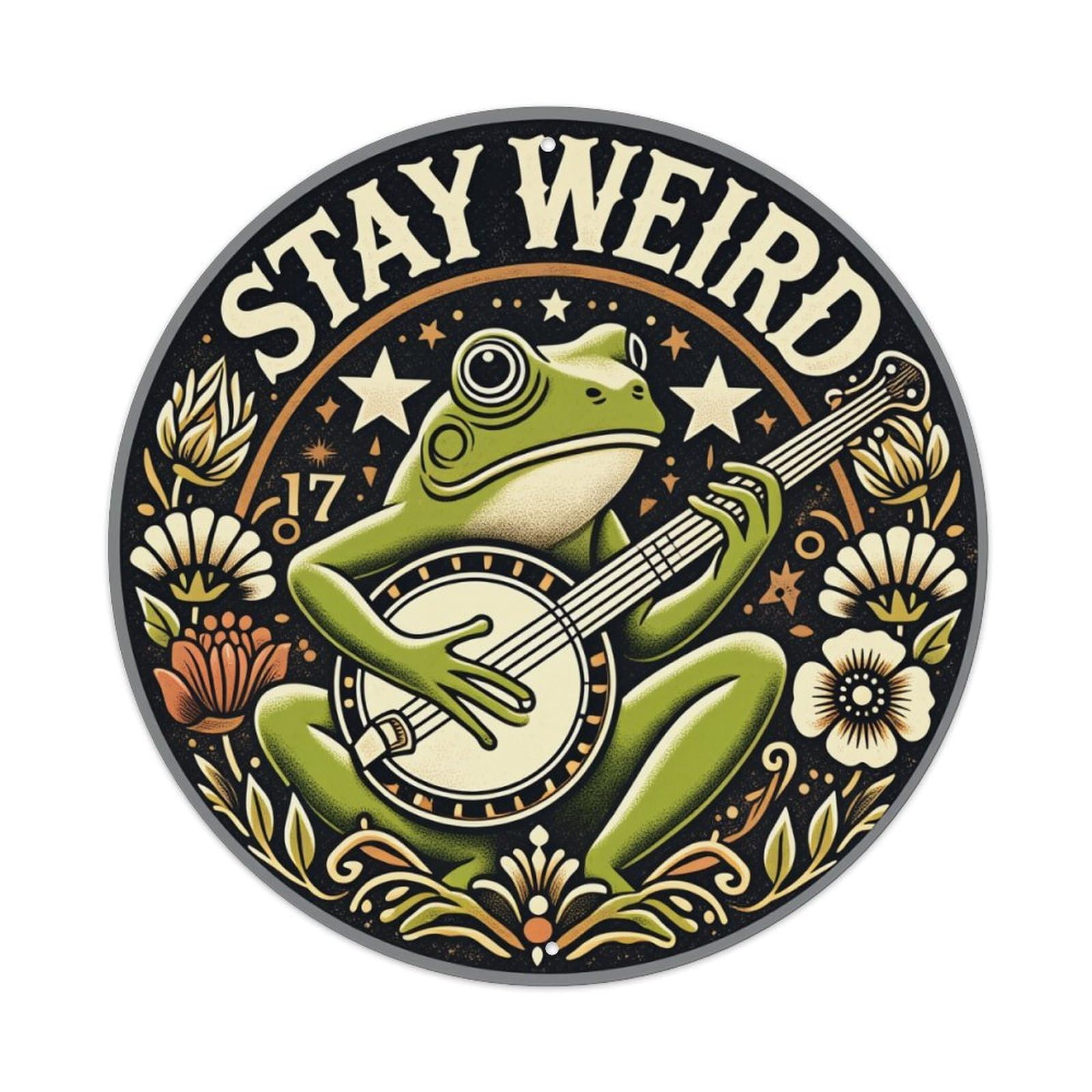 Frog Playing Banjo With Flowers Round Tin Sign Vintage Metal Poster, Home Bar Garage Man Cave Cafe Indoor & Outdoor Wall Decoration 8x8Inches