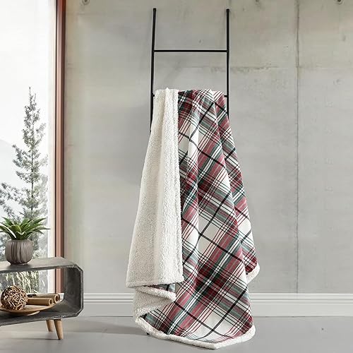 Vista 59 de Eddie Bauer - Manta decorativa de franela de algodón para hogar, ropa de cama reversible de sherpa para todas las estaciones, tartán rojo