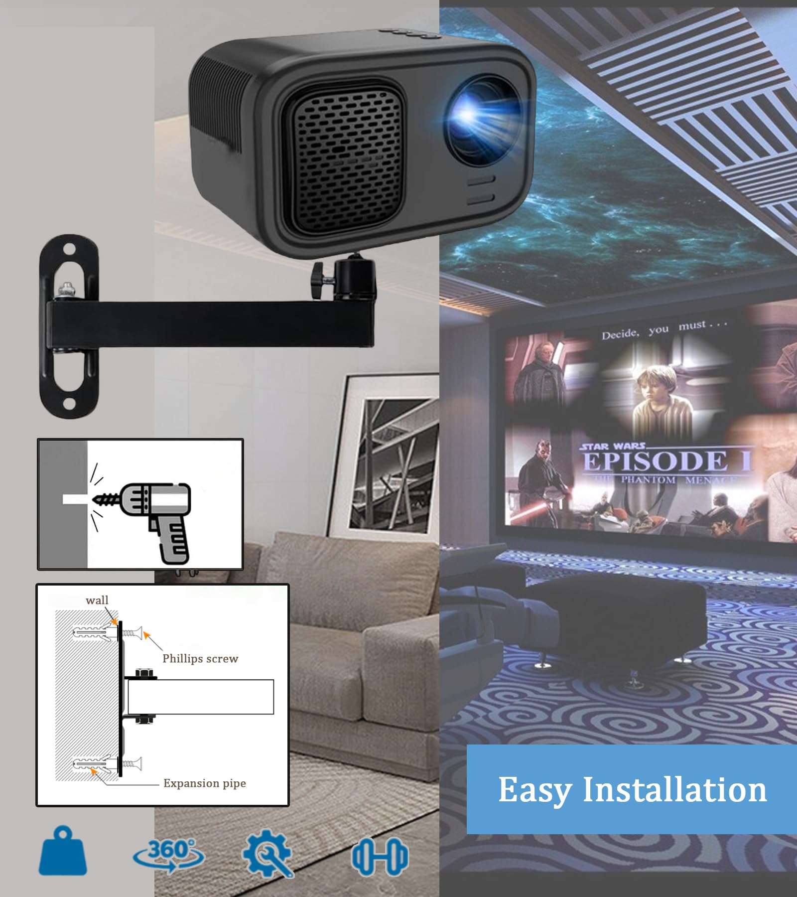 Supporto per Proiettore a Parete con Vite da 1/4", Rotazione 360°, Inclinazione e Orientamento Regolabili, Compatibile con la Maggior Parte dei Proiettori per Casa e Ufficio