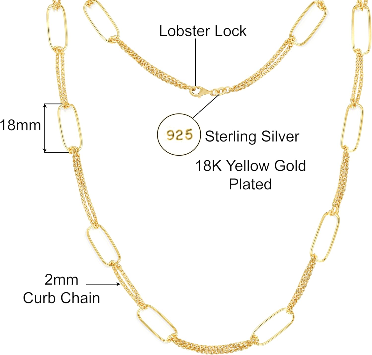 Savlano 925 Sterling Silver 20” Inch Paperclip Link Curb Necklace - 18K Gold Plated for Women Comes with a Gift Box - Image 2