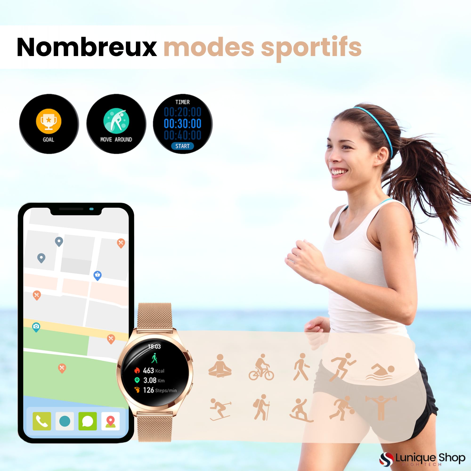LSWATCH V2 Montre Connectée Femme avec Appel Bluetooth 1.6"- Smartwatch Oxygene Sanguin Tension Fréquence Cardiaque Podomètre Sommeil Météo 2 Bracelets Intelligent iOS Android +100 Sport