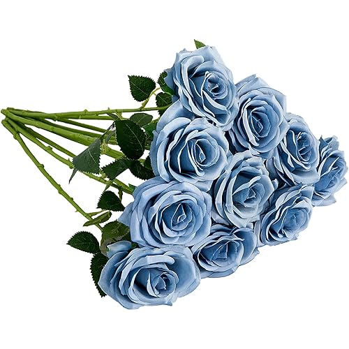 Artificial Rose 10pcs Open Flower Bouquet Faux Rose Stems for Wedding Arrangement, Bridal Bouquet, Centerpiece, Fake Faux Silk Flowers (Dusty Blue)