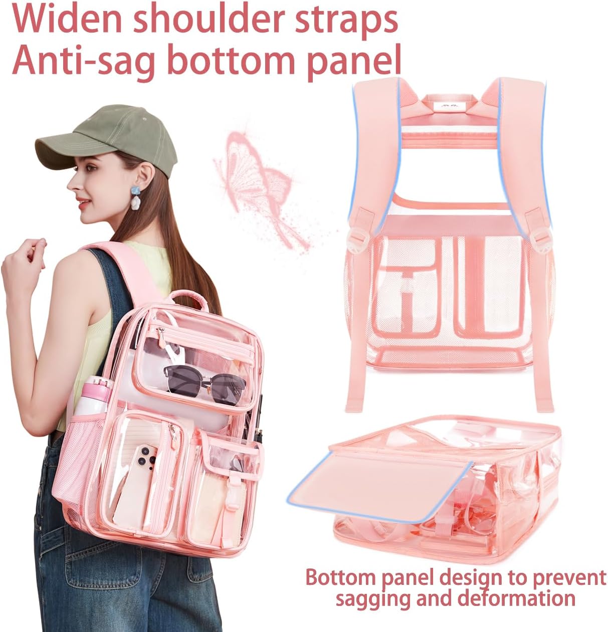 Pink See Through Backpack For Women, Clear Backpack Heavy Duty,Clear BookBag,16 x11 x5inch TPU Large Capacity for School,stadium events, Sport Events,Travel,mochila transparente para mujer (Pink) - Image 8