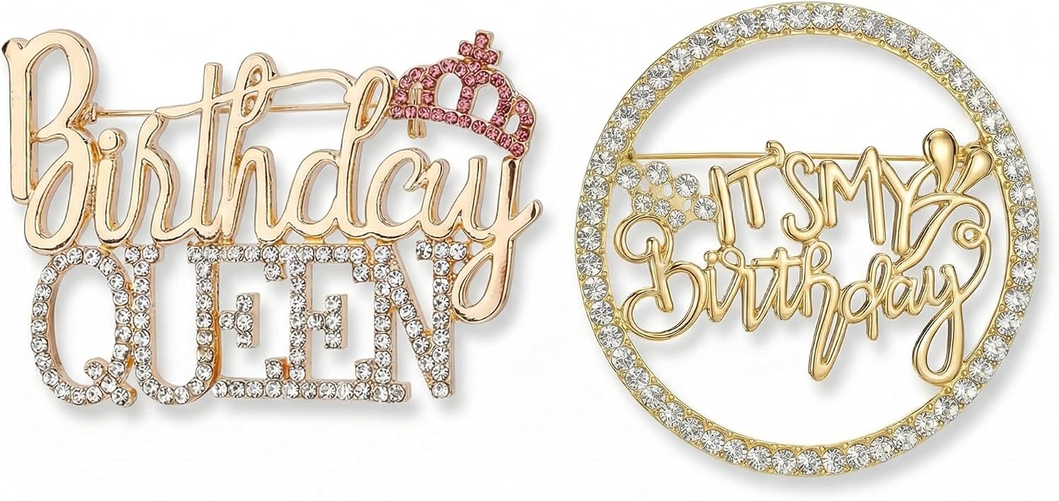 2pcs Gold Tone Its My Birthday Pin for Women, Queen Crown Rhinestone Badge Brooch, Happy Celebration Pins, Sparkling Accessories for Birthday Outfits