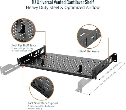 Tecmojo 1U Cantilever Rack Mount Shelf, Vented 19'' Front Mounting Server and Network Rack Shelf 254mm Depth with Rear Supporting Ears and Anti-Slip Stops, 55lbs(25kg) Capacity