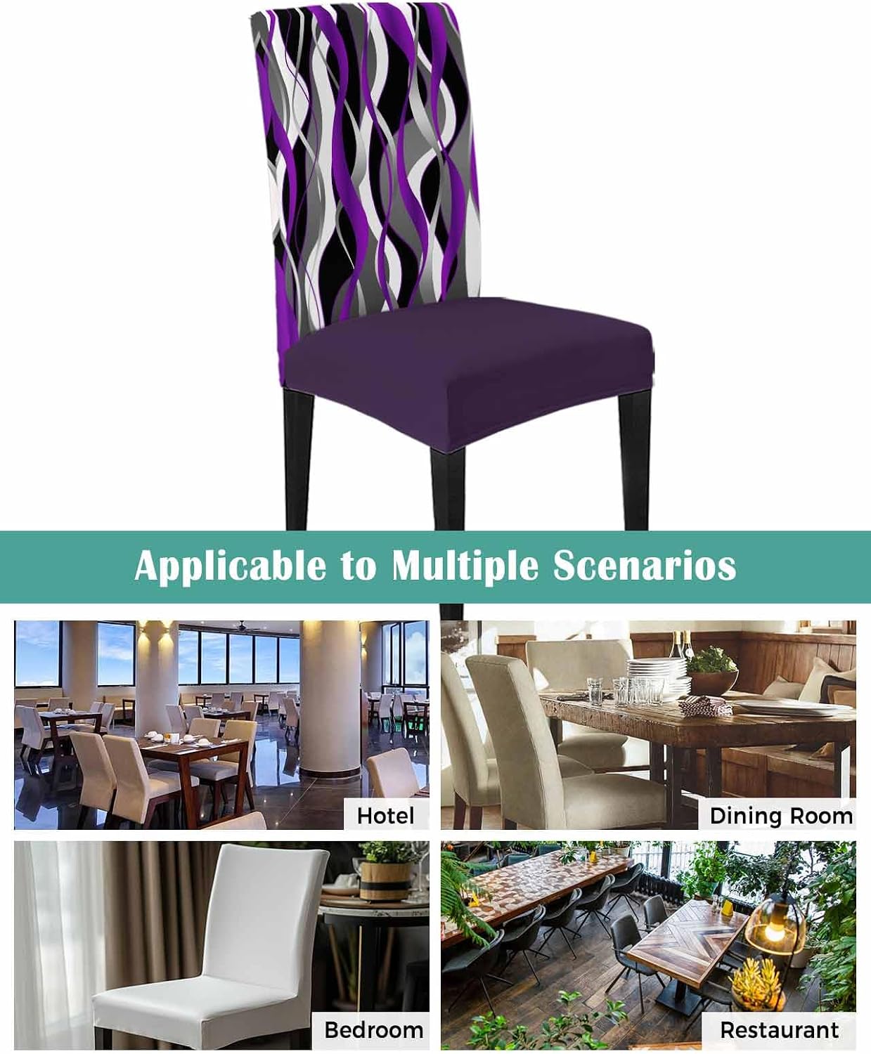 Savannan Chair Covers Set of 4, Modern Purple Grey Black Stripes Removable Stretchable Parsons Chair Slipcovers Protector for Kitchen Dining Room Gradient Abstract Art