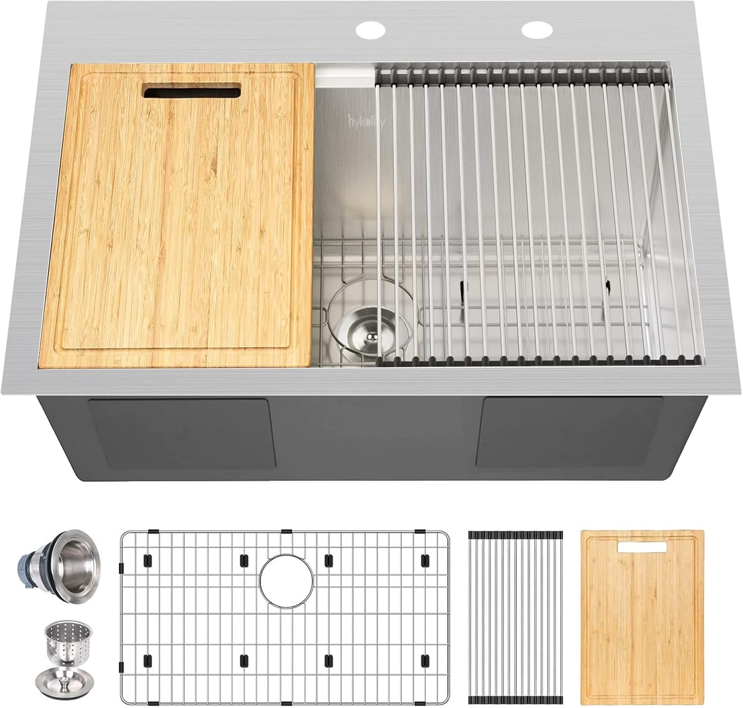 Hykolity 33 In. Drop In Workstation Kitchen Sink, 16 Gauge Single Bowl 2-Hole Stainless Steel Topmount Kitchen Sink with Integrated Ledge and Accessories, 33 x 22 x 9 in