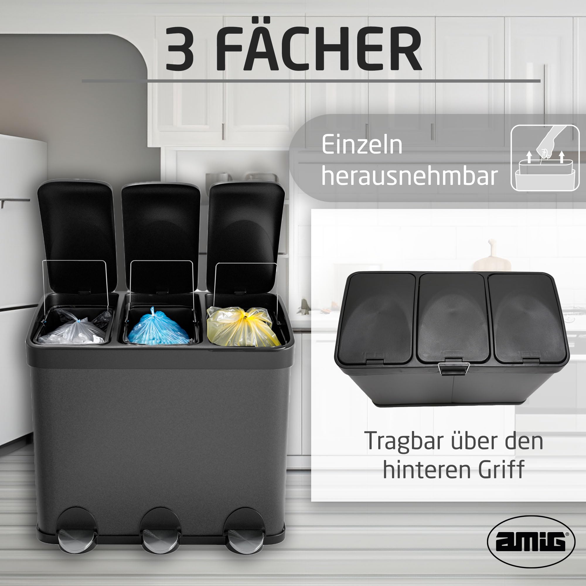 Amig - Dreifacher Mülleimer mit Pedalen 45 Liter Mod. RECIK3-3 herausnehmbare 15-Liter-Fächer - Recyclingbehälter für die Küche - Stahl - 60 x 37 x 49 cm - Mattschwarz