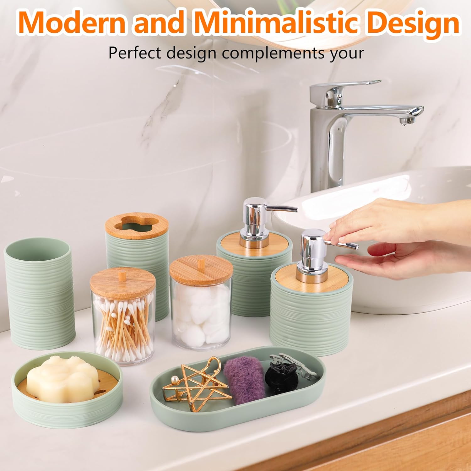 Bathroom Accessory Set,10 PCS LightGreen Bathroom Set with Trash Can,Toothbrush Holder,Soap Dispenser,Toothbrush Cup,Vanity Tray,Soap Dish,Toilet Brush,Qtip Holders