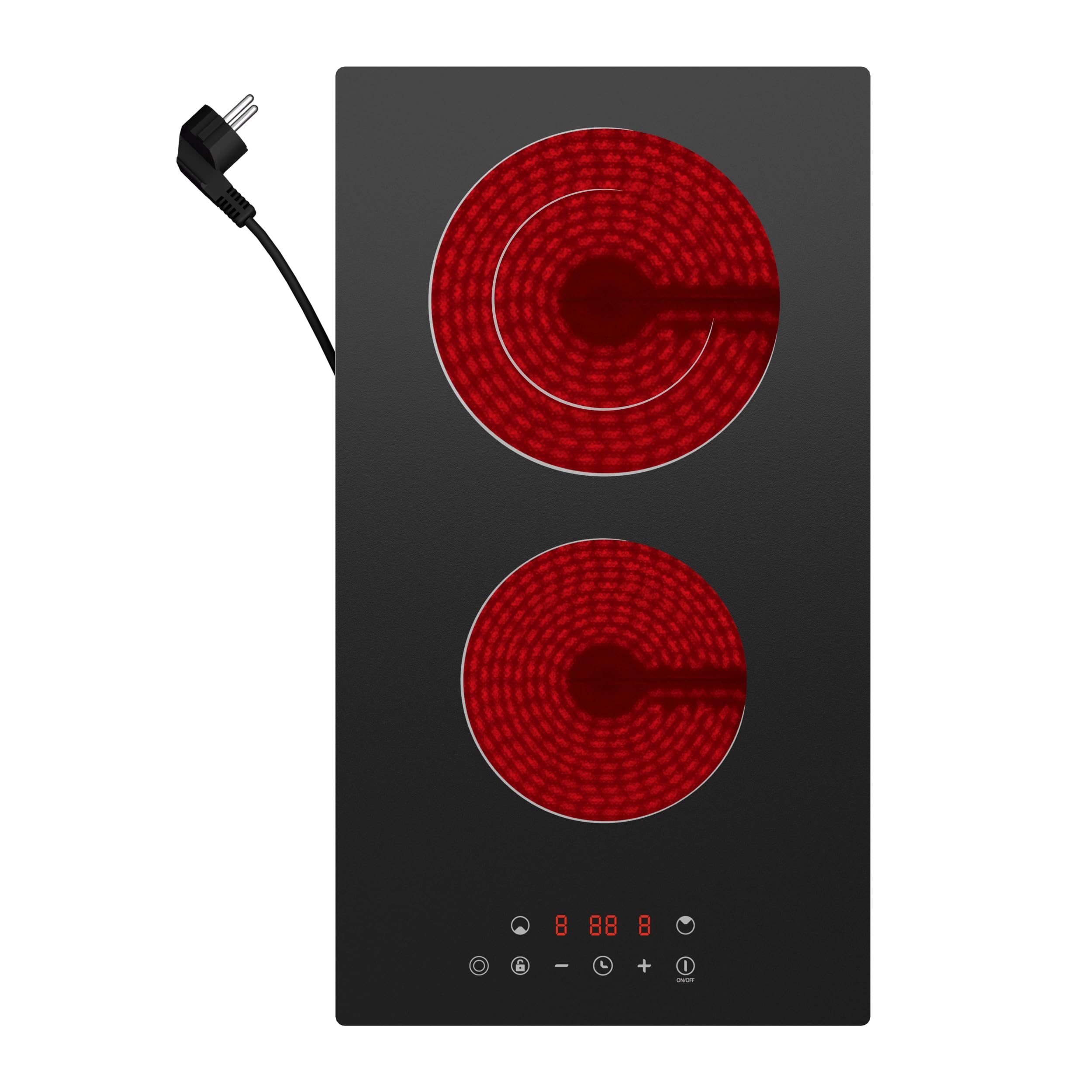 CDV Glaskeramikkochfeld 2 Platten, 3200W (2000W+1200W) Autarkes Einbaufähiges Doppel Elektro-Kochfeld (30cm), mit Stecker, 9 Leistungsstufen, Timer, Kindersicherung, Für Alle Töpfe,Schwarz