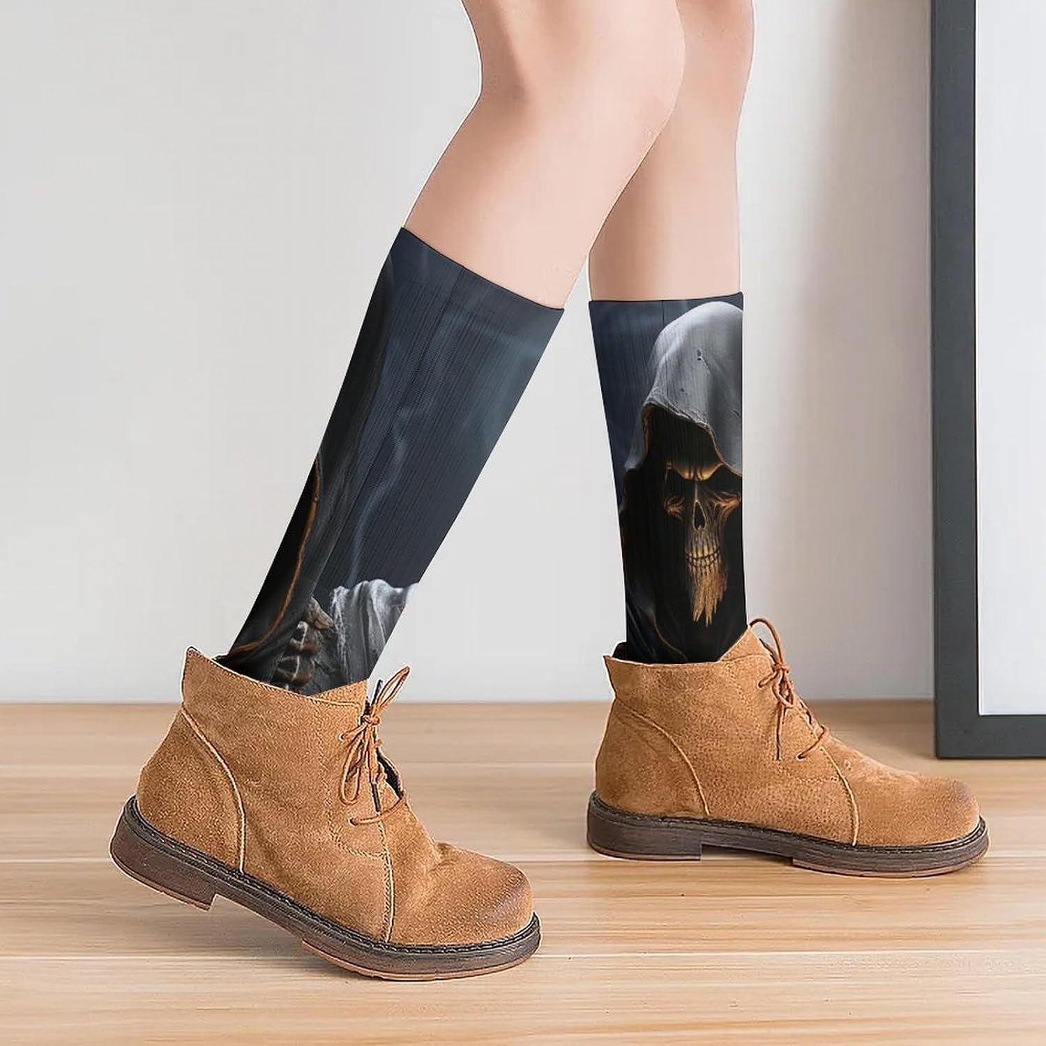 Breathable Crew Sock, Moisture Wicking, Athletic Calf Socks, Cozy | Grim-Reaper Compression Socks for Women Men, Lightweight High Work Socks for Business, Casual