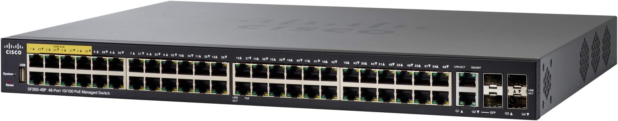 SF350-48P Managed Switch, 48 10/100 Ports, 382W PoE, 4 Gigabit Ethernet (GbE) Combo SFP, Limited Lifetime Protection (SF350-48P-K9-UK)