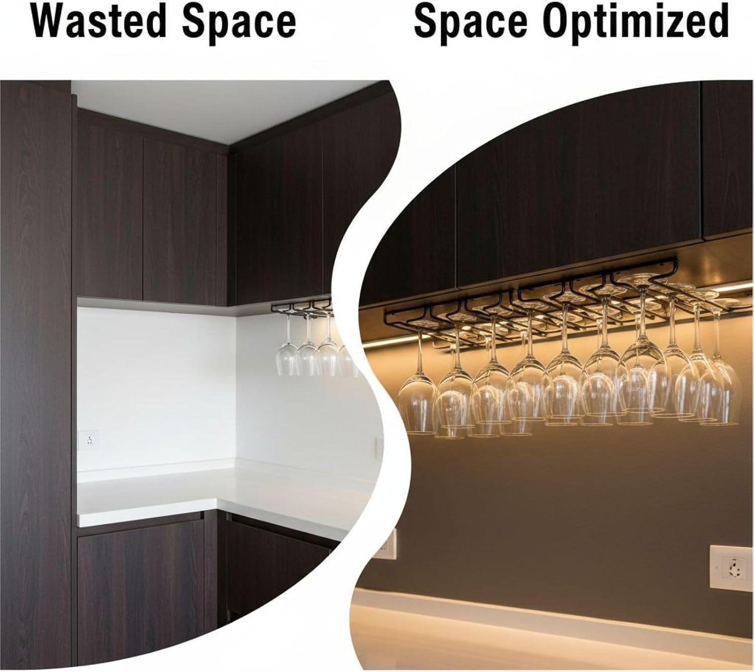 6 Pcs Wine Glass Rack Under Cabinet, Black Metal Rack, 10.2 x 3.9 x 1.3 in Single Row Hanging Wine Glass Holder, Easy to Install for Home, Bar, Kitchen, Restaurant