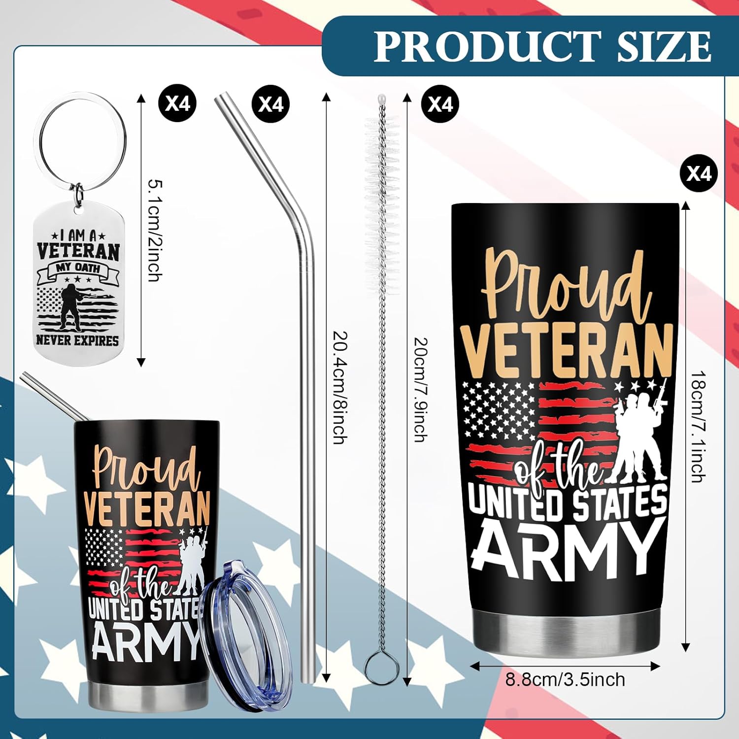 4 Pack Veteran Christmas Gifts Bulk for Men American Flag Tumbler Travel Mug and Keychain, Military 20 Oz Stainless Steel Coffee Tumbler, Army Gifts for Birthday Christmas Veterans Day Gift - Image 2