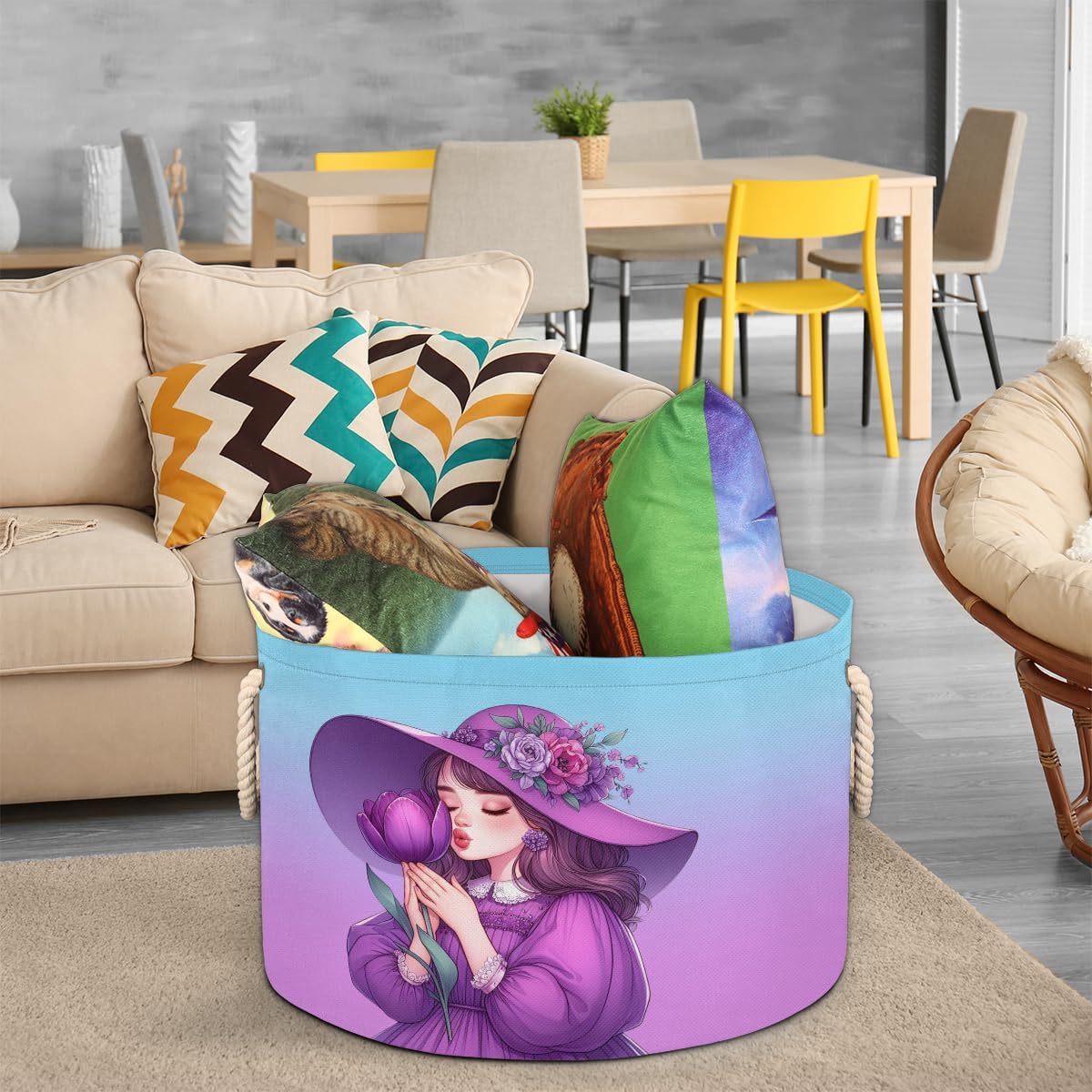 Large Round Laundry Basket Purple Cute Girls Toy Bins Organizers and Storage for Girls Canvas Collapsible Blanket Storage Basket Laundry Hamper Gift Baskets Bedroom Clothes Children Nursery