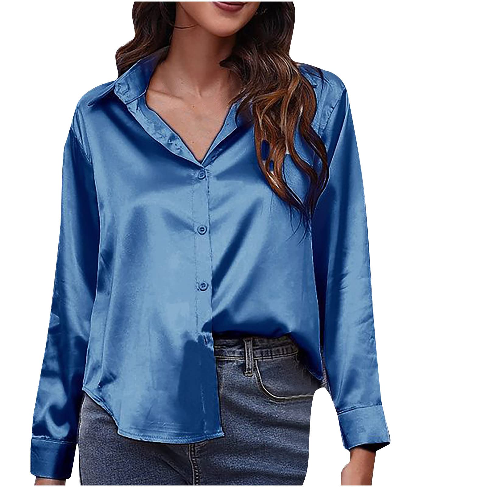NUSGEAR 2022 Camisa de Manga Larga Mujer, Elegante Seda Color sólido Blusa Camiseta Moda Casual Cuello en V Basic Oficina Formal Suelto Primavera otoño Tops Fiesta T-Shirt Original tee vacación cárdigan