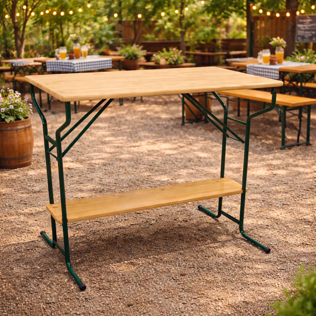 DEGAMO Stehtisch Bartisch Bamberg 70 x 113 cm, Gestell Stahlrohr dunkelgrün, Tischplatte Kiefernholz transparent beschichtet, klappbar, Höhe 110cm