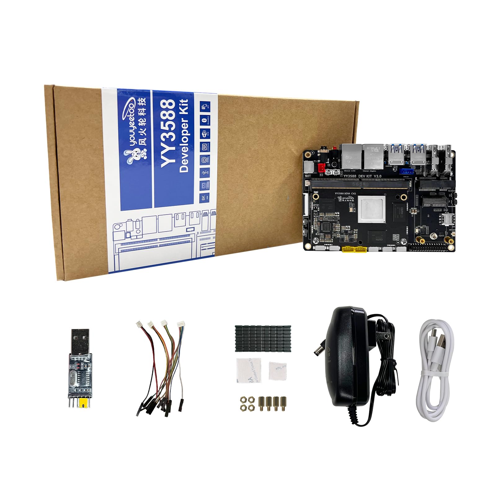 youyeetoo YY3588 AI Development Board, RK3588 Chip 8-Core ARM 6TOPs NPU, 32GB LPDDR4 RAM 256GB eMMC5.1, für industrielle Steuerung Edge AI Smart Terminal AI Tasks (Power Kit,4+32GB)