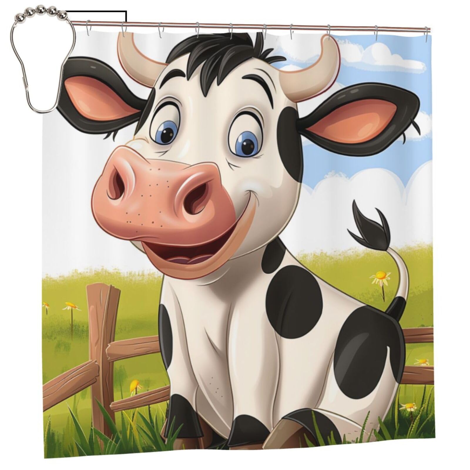 BWWHCCTI Cartoon Milk Cow Printed Shower Curtain With 12 Iron Hooks Opaque Quick Drying Waterproof Shower Curtains Sets For Bathroom 183x183 CM