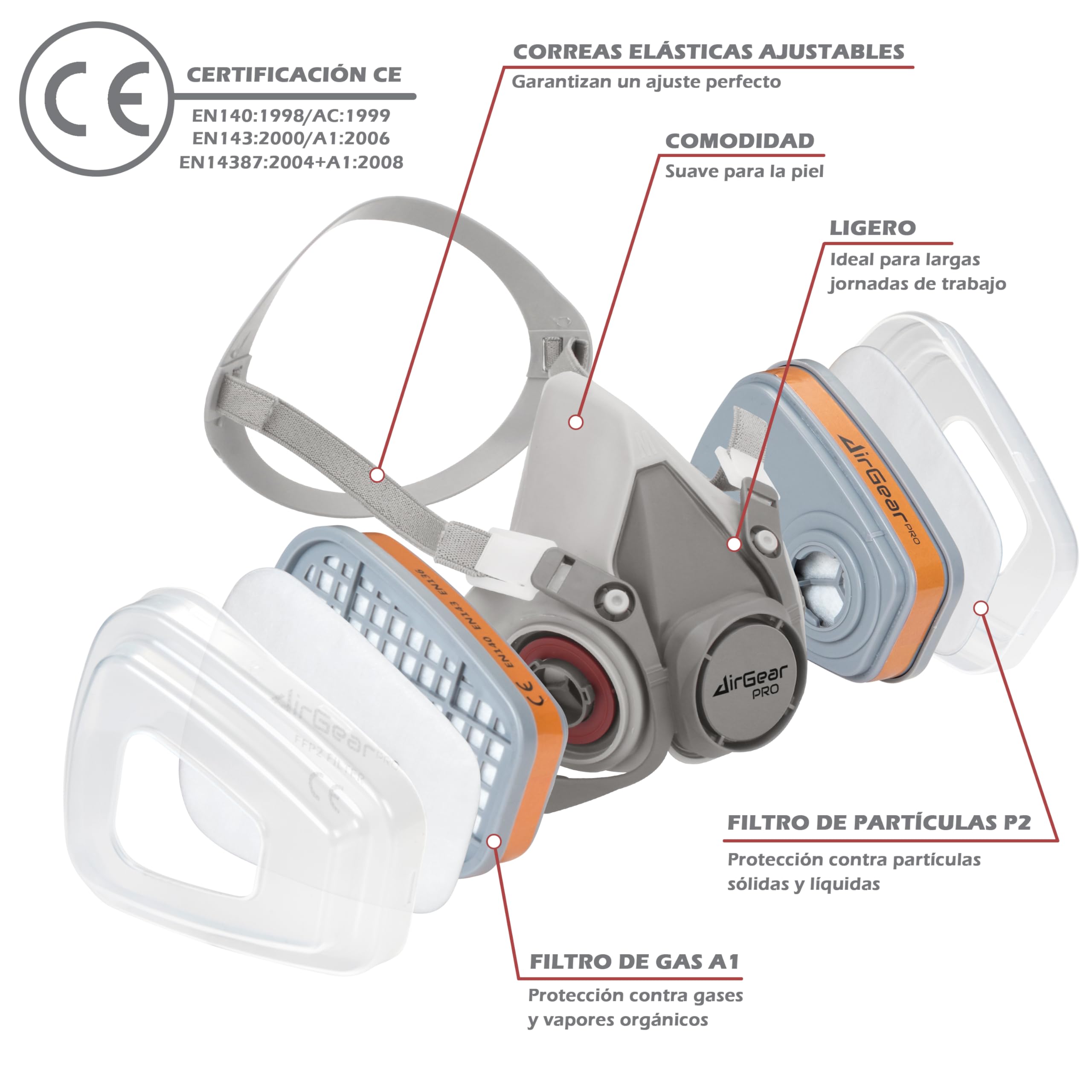 AirGearPro G-500 Máscara Respiratoria Reutilizable, Antipolvo, Antigás con Filtros y Gafas de Protección para Pintar, Construcción, Bricolaje, Lijado