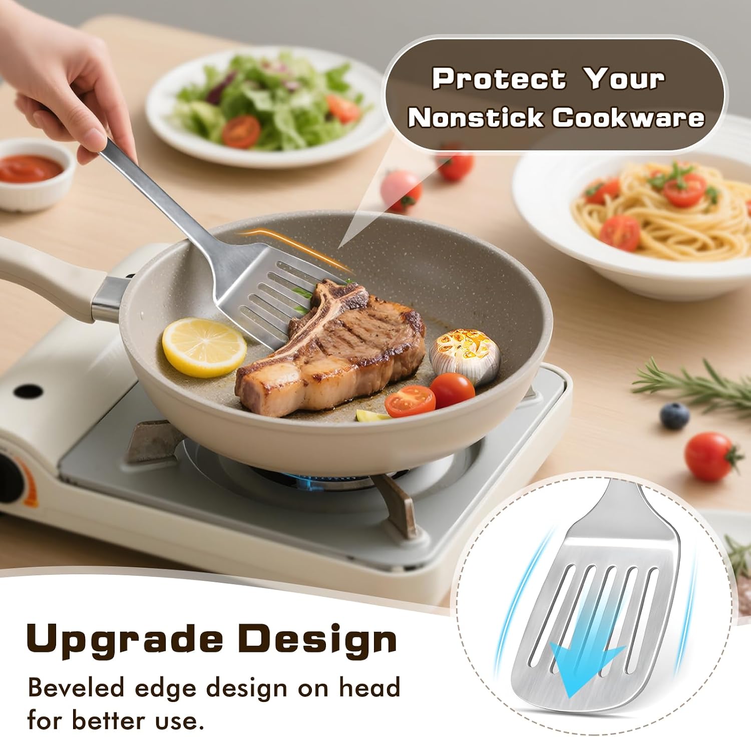 4 Pcs Cooking Utensils Set, Stainless Steel Kitchen Utensils, Heat Resistant Metal Kitchen Tools Include Solid & Slotted Turner Wok Spatula, Serving Spoon, Ergonomic Handle, Easy to Clean, Silver image 5