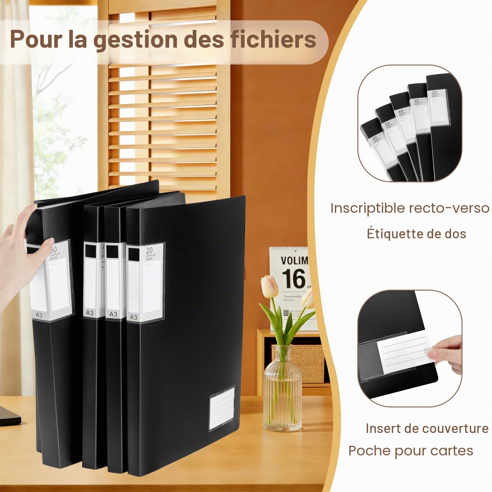 Lot de 2 Porte-vues A3, 40 Pochettes Classeur de Présentation, Noir | Porte-Vues A3 Présentation Affichage du Livre pour Portfolios, œuvres Art, Peinture, Rapport