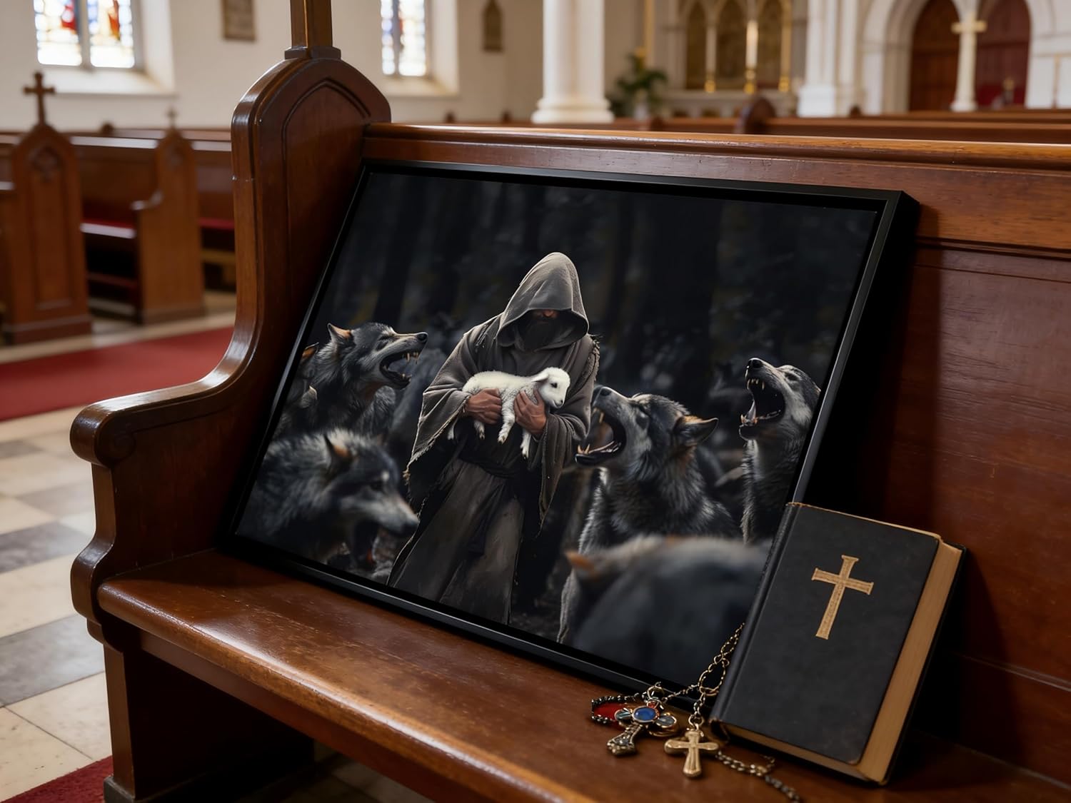 Jesus Protecting Lamb From Wolves Wall Art Jesus Saves the Lost Lamb Picture Wall Decor Christian Gift Poster Canvas Print Living Room Office Bedroom Church Decoration Aesthetic Canvas 12"x16"Framed