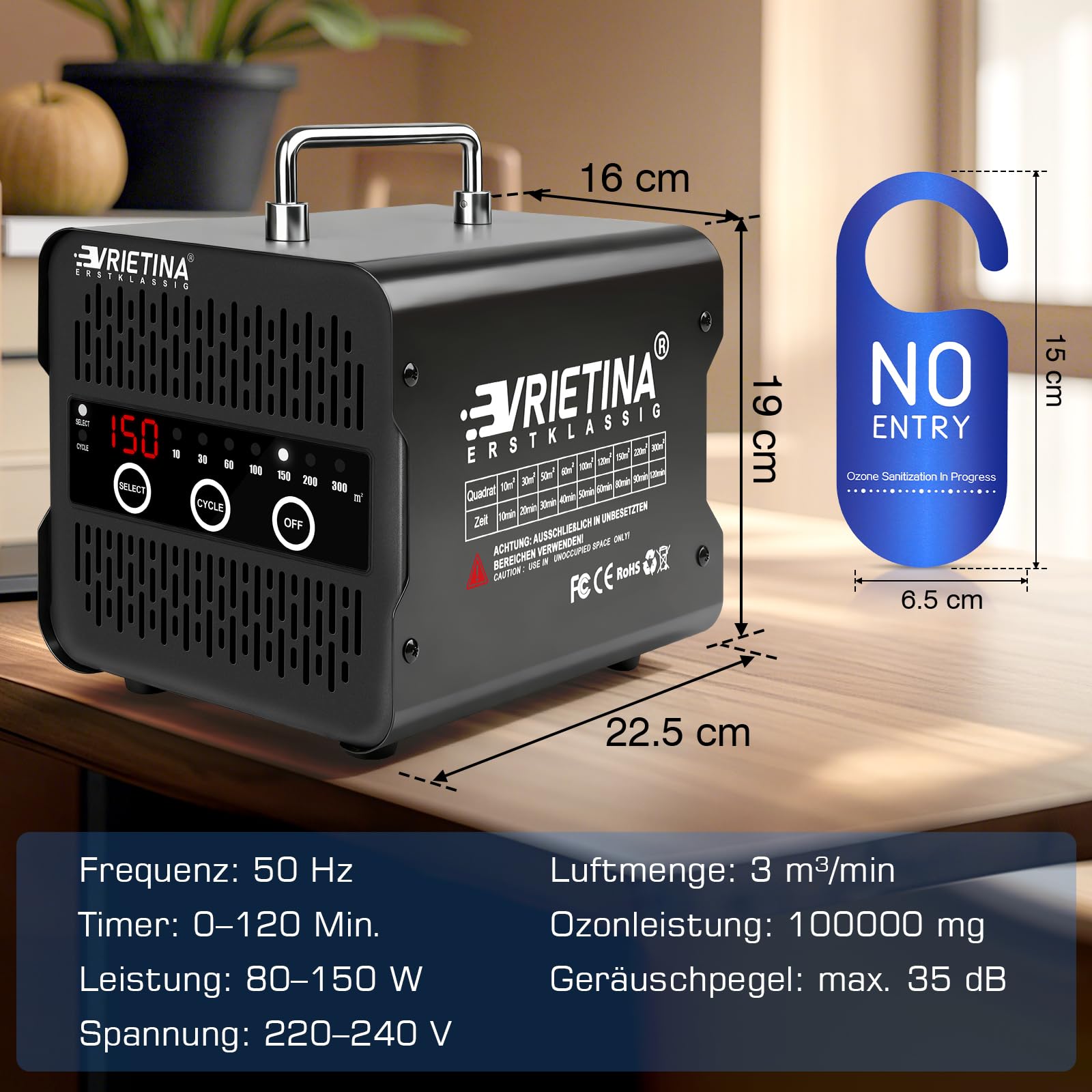 Ekran dotykowy O3 generator ozonu 100000 mg/h do samochodu, mieszkania, zwierząt domowych, kuchni | do 300 ㎡, timer 120 min, 35 dB, przemysłowy ozonator, ozonator, oczyszczacz powietrza, neutralizator zapachów
