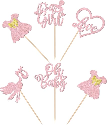 Miniatura 3 de 30 adornos para cupcakes Oh Baby Glitter It's a Girl Cupcake Picks Bow Dress Love Heart Baby Shower Cake Decoraciones para revelación de género Baby