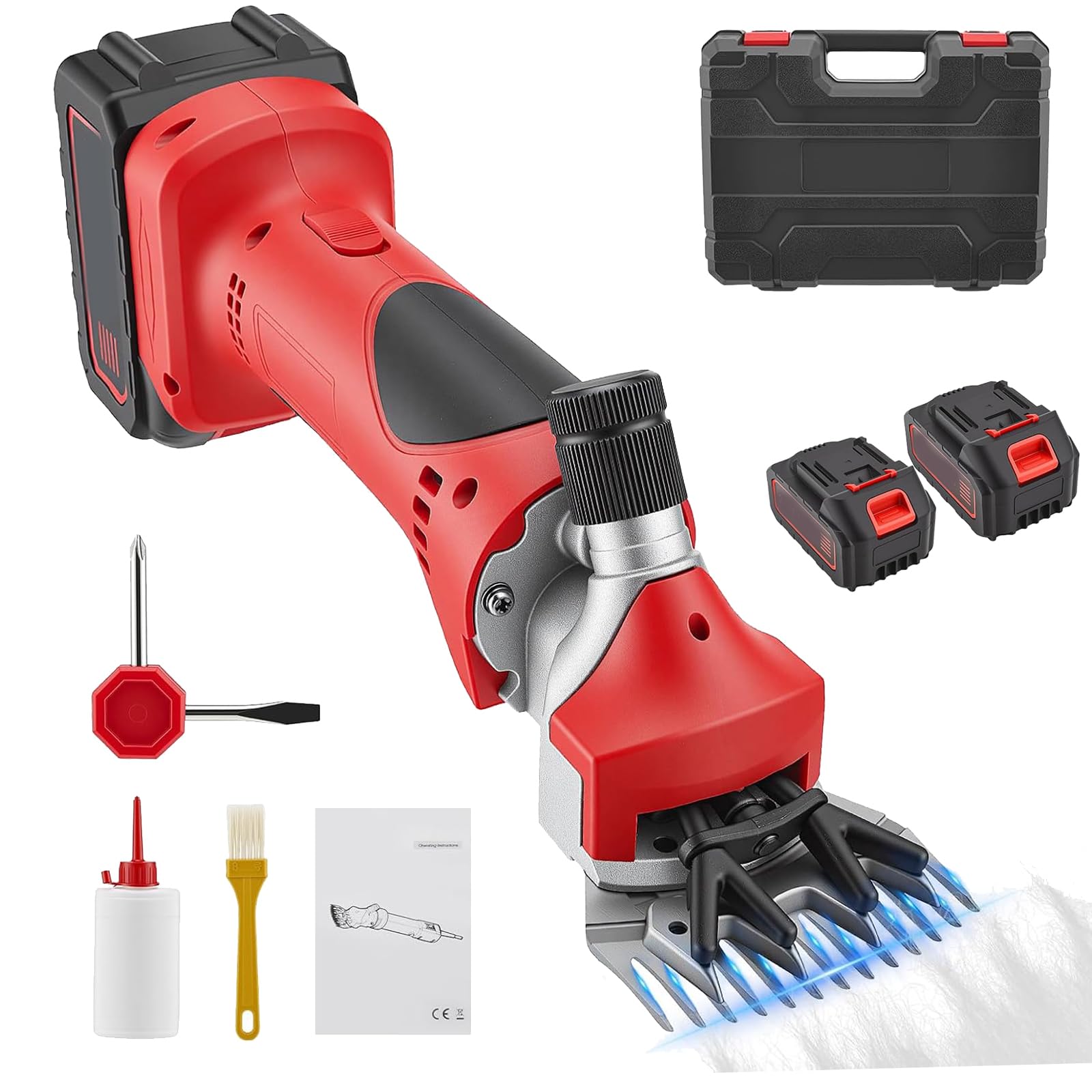 Tijeras eléctricas inalámbricas profesionales de 500 W para esquilar ovejas, cortadora eléctrica de 9 dientes rectos, con 2 baterías recargables de litio, para esquilar el pelaje y la lana de ovejas,