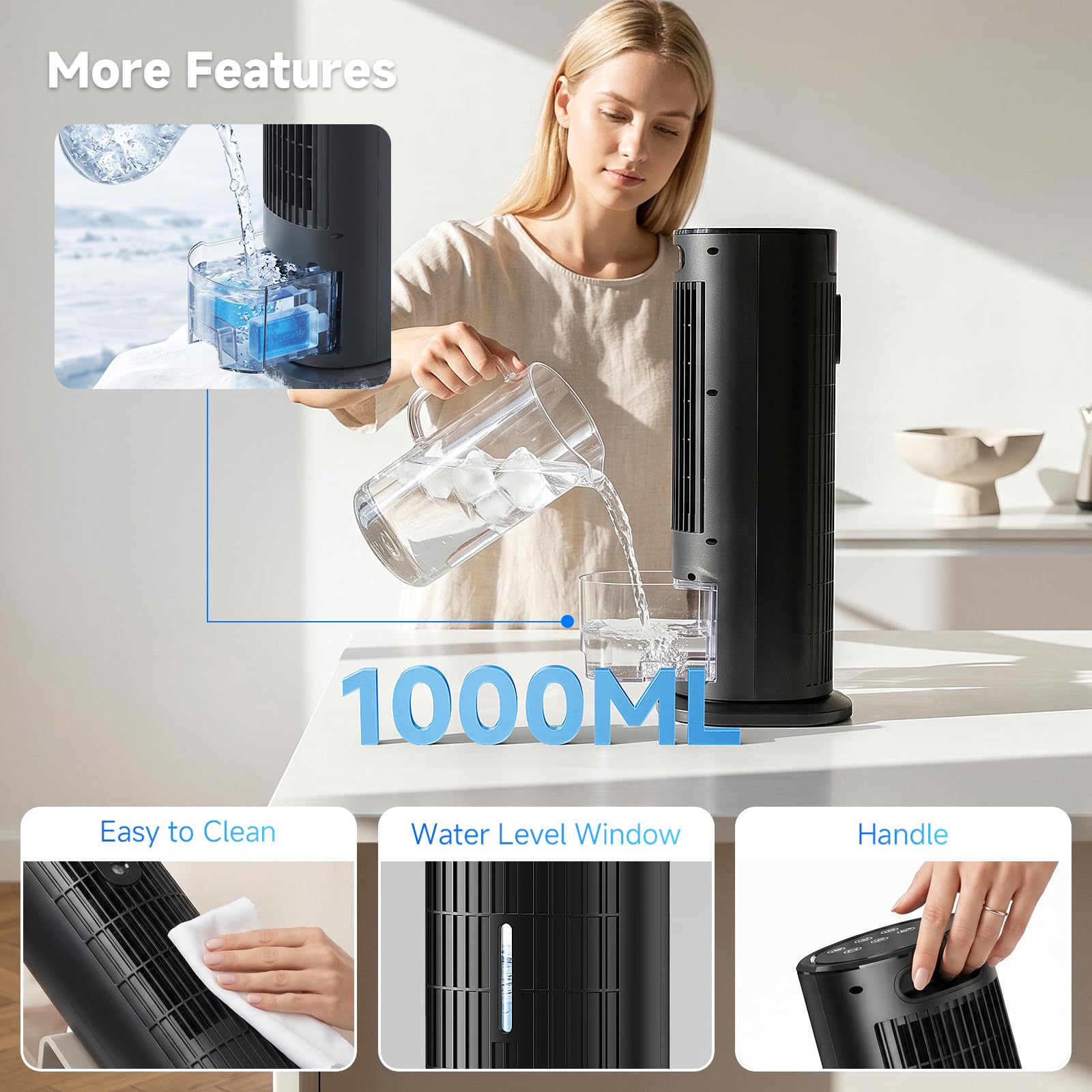 Climatiseur Mobile Portable Sans Lames 2026, Ventilateur Puissante 7.5 m/s, Nouveau Moteur CC (<35 dB), Refroidisseur d'Air Portable avec Oscillation 90°, Minuteur 10H, 4 Vitesses, Télécommande, Noir