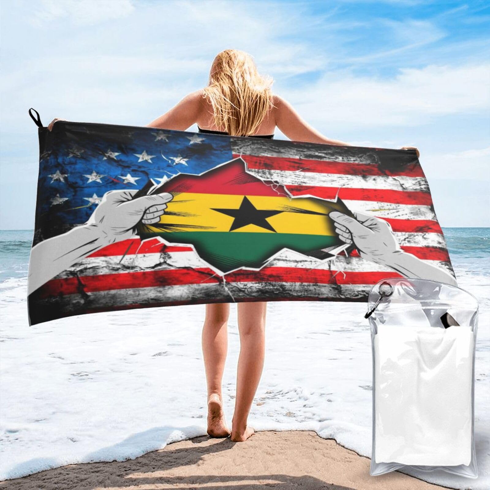 HACXZ American and Ghana Flag Vintage Beach Towel Lightweight Absorbent Beach Towel Microfiber 31.5"X63"