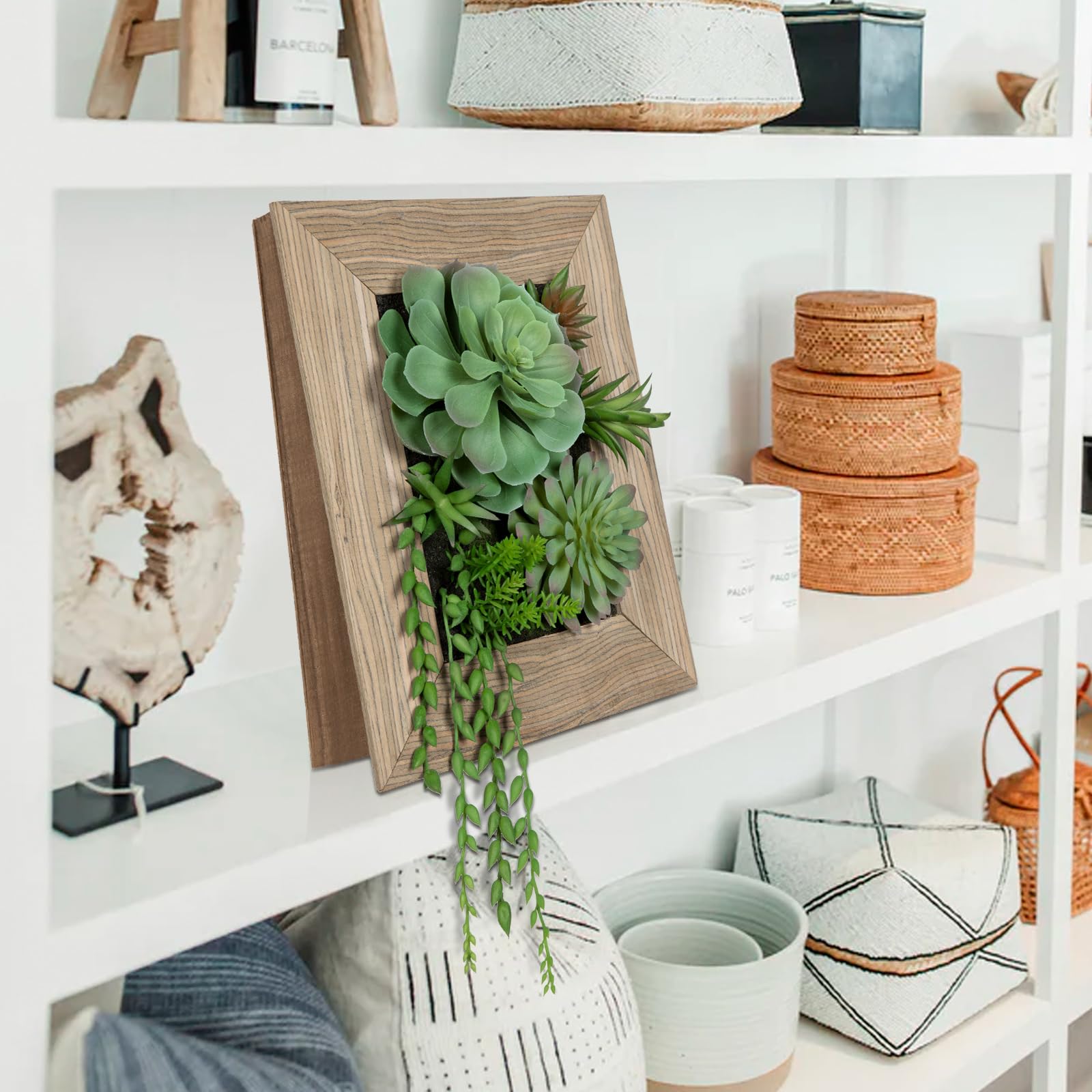 Oairse Plantes succulentes artificielles 3D à suspendre au mur - Arrangement de plantes grasses artificielles dans un pot en bois pour maison, ferme, cuisine, console, table, décoration murale