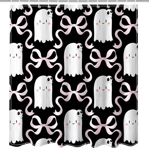 Mocsicka Cortina de ducha negra de Halloween para baño, bonita cortina de ducha con diseño de calavera y fantasma, para niños, decoración de baño de