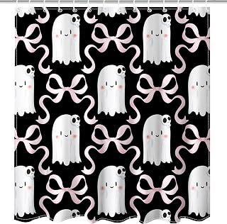 Mocsicka Black Halloween Shower Curtain for Bathroom, Cute Bow Skull Ghost Shower Curtain for Kids Halloween Bathroom Decor Waterproof Fabric Bath Curtain with 12 Hooks, 72 X 72 Inch