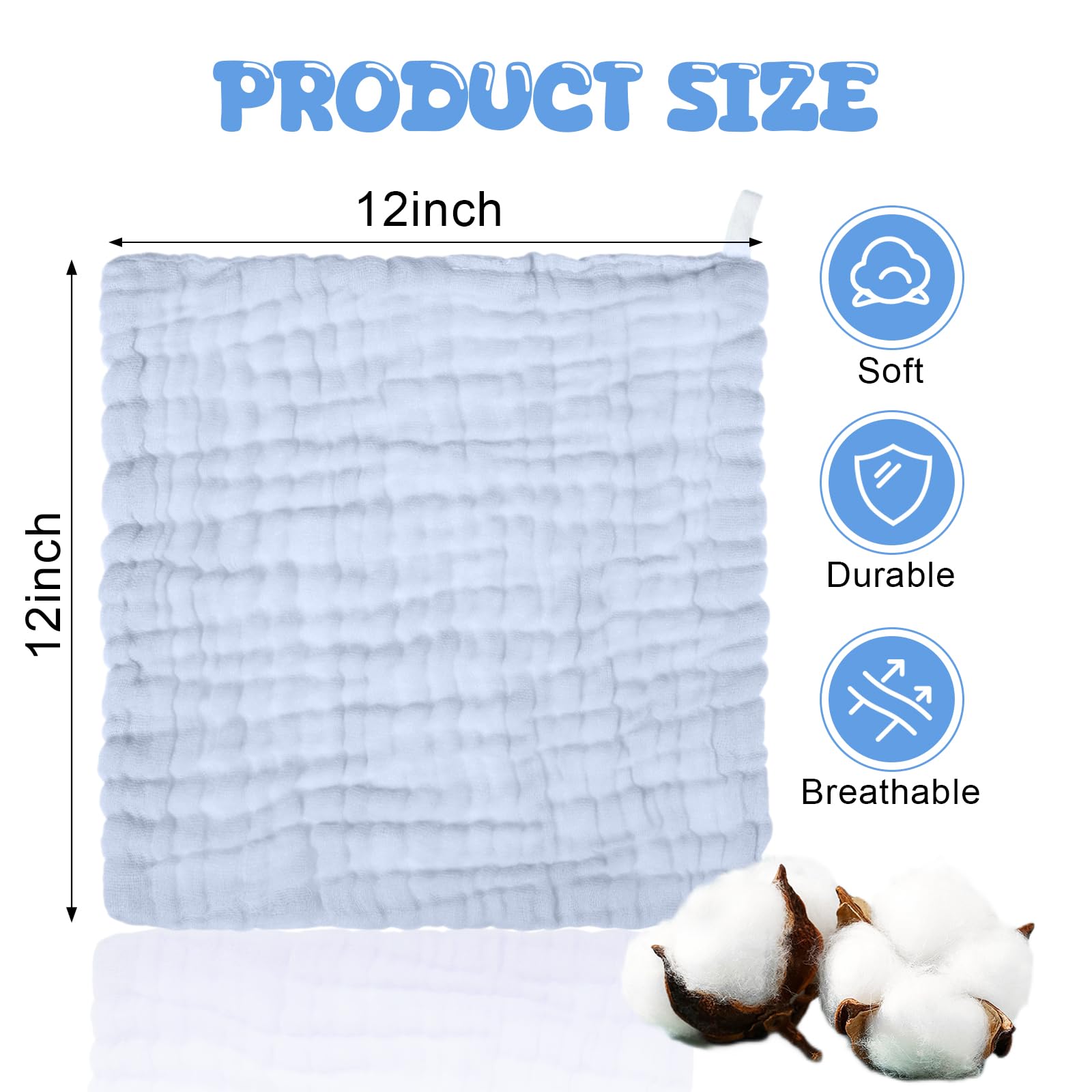 Breling 20 paños de Muselina para bebé, de algodón Natural, Suaves, para recién Nacidos, absorbentes para Piel Sensible, 12 x 12 Pulgadas (Blanco, Azul Claro, Azul)