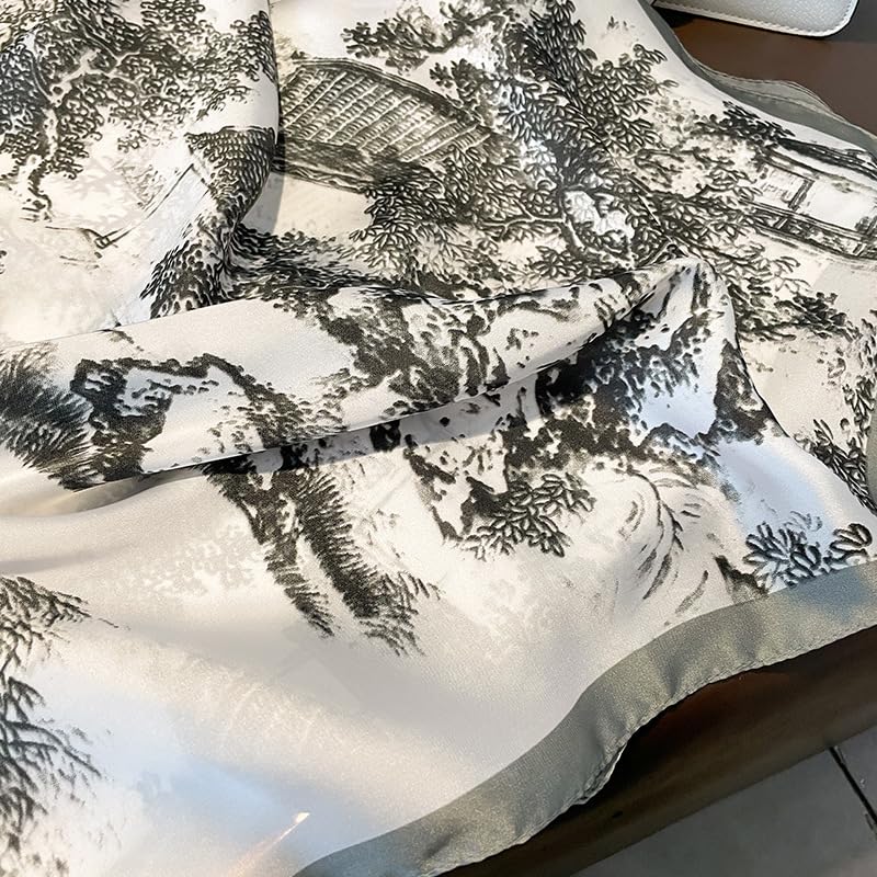Image of Premium Silk Stole for Women | Lightweight Printed Silk Scarf & Hijab | Elegant Party (72 x 36 Inch) (Black and White Tree Print)